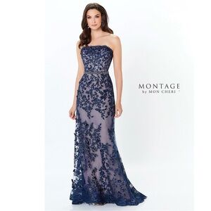 Montage by Mon Cheri 118961 Strapless Navy Blue Floral Embellished Tulle Gown 14